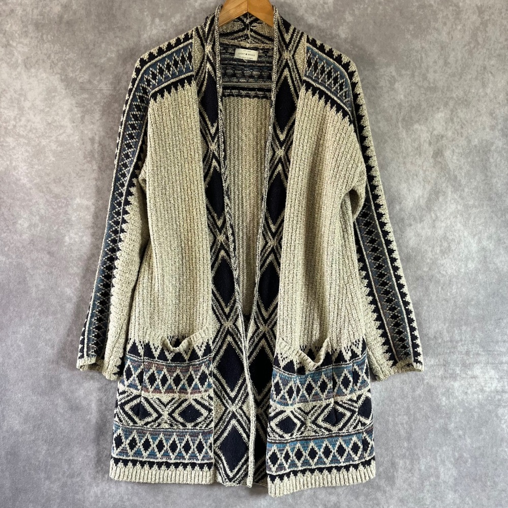 Lucky Brand Cardigan Women Medium Beige Navy Geometric Knit Open Front Sweater